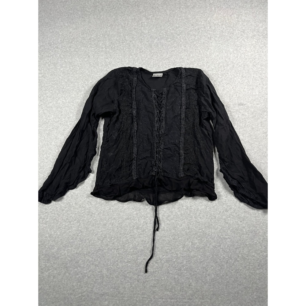 VTG Peasant Blouse Women S/M Black Ren Faire Flare Sleeve Medieval Gothic Fairy